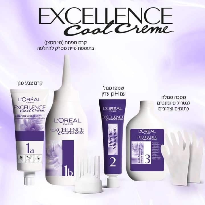 אקסלנס Cool Creme מכיל קרם צבע מגן, קרם מפתח בתוספת פיית מסרק להחלפה, שמפו סגול PH עדין, מסכה סגולה לניטרול פיגמנטים כתומים וצהובים..